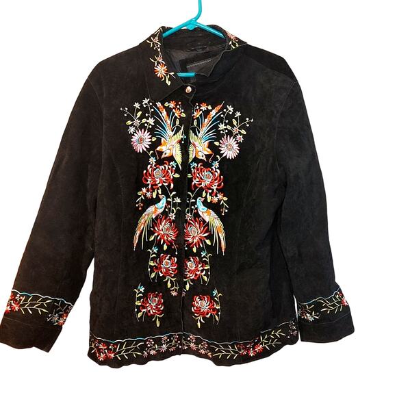 Avanti Size 1X Genuine Leather Embroidered Black Vintage Suede Floral Jacket - Picture 1 of 14